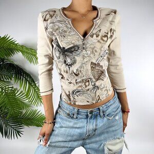 Vintage Y2K Beige Butterfly Graphic Print Indie Fairy Grunge Long Sleeve Top / S